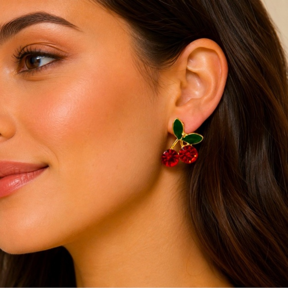 ✨NEW Hypoallergenic Gold Cherry 🍒 Drop Earrings with Green Enamel Leaves